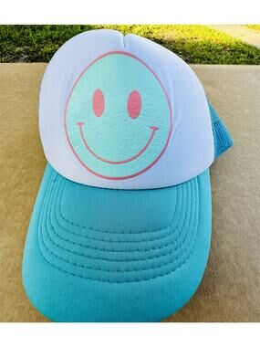 Lucky 7 Kids Smiley Face Trucker Hat Aqua White Snapback Cap Youth
